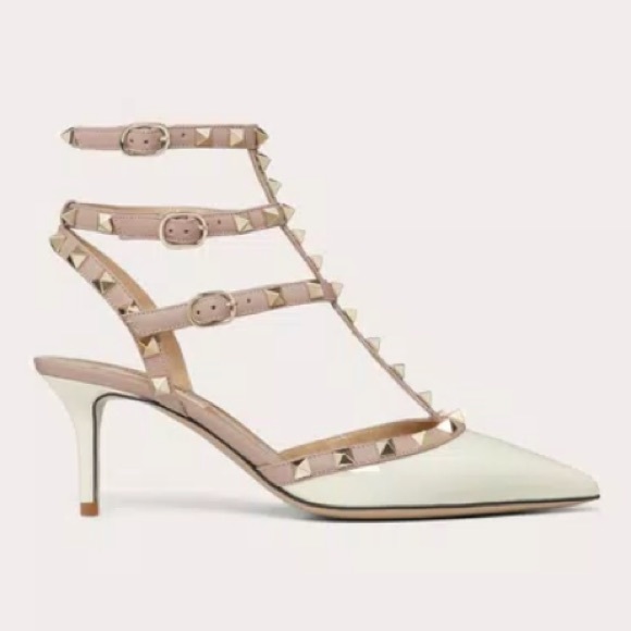 Valentino Garavani Rockstud caged pump ankle strap high heel leather shoes white - Picture 2 of 16